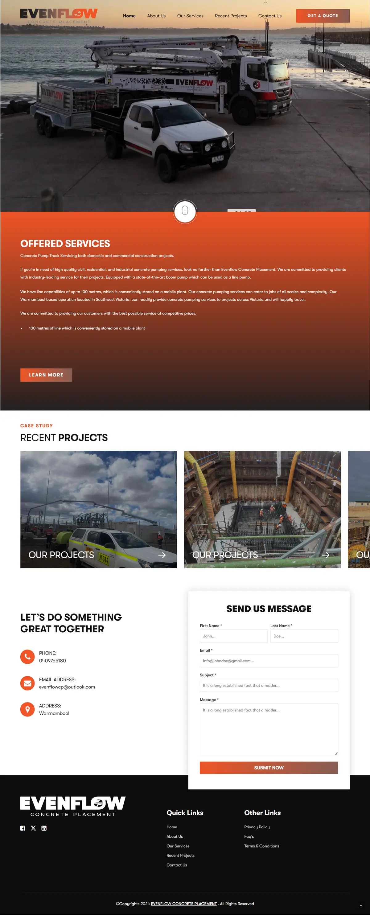 Evenflow Concrete Placement complete website design and development preview